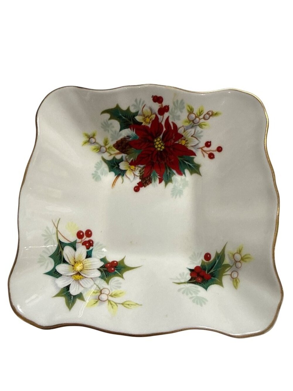 Royal Albert Bone China Poinsettia Square Trinket Dish England Gold Trim
